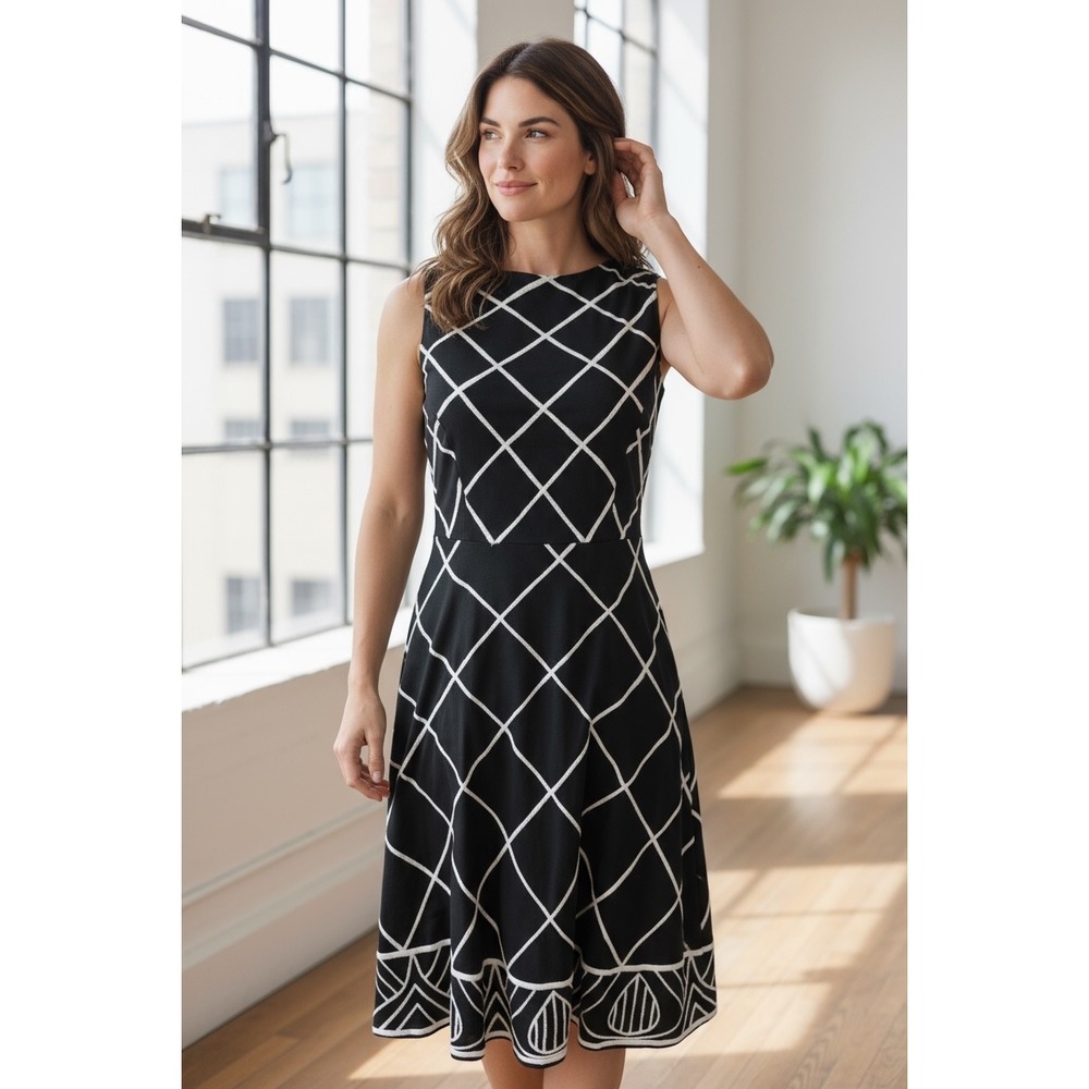 eShakti Black White Geometric Print Sleeveless Fit & Flare Dress Size‎ 0